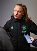 8 April 2025; Amber Barrett of Republic of Ireland is interviewed after the UEFA Women's Nations League B match between Republic of Ireland and Greece at Tallaght Stadium in Dublin. Photo by Stephen McCarthy/Sportsfile