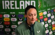 8 April 2025; Megan Campbell of Republic of Ireland is interviewed after the UEFA Women's Nations League B match between Republic of Ireland and Greece at Tallaght Stadium in Dublin. Photo by Stephen McCarthy/Sportsfile