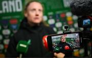 8 April 2025; Amber Barrett of Republic of Ireland is interviewed after the UEFA Women's Nations League B match between Republic of Ireland and Greece at Tallaght Stadium in Dublin. Photo by Stephen McCarthy/Sportsfile