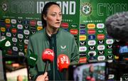 8 April 2025; Megan Campbell of Republic of Ireland is interviewed after the UEFA Women's Nations League B match between Republic of Ireland and Greece at Tallaght Stadium in Dublin. Photo by Stephen McCarthy/Sportsfile