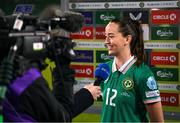 8 April 2025; Anna Patten of Republic of Ireland speaks to RTÉ television after the UEFA Women's Nations League B match between Republic of Ireland and Greece at Tallaght Stadium in Dublin. Photo by Stephen McCarthy/Sportsfile