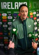 8 April 2025; Megan Campbell of Republic of Ireland speaks to media after the UEFA Women's Nations League B match between Republic of Ireland and Greece at Tallaght Stadium in Dublin. Photo by Stephen McCarthy/Sportsfile