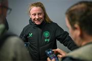 8 April 2025; Amber Barrett of Republic of Ireland speaks to media after the UEFA Women's Nations League B match between Republic of Ireland and Greece at Tallaght Stadium in Dublin. Photo by Stephen McCarthy/Sportsfile