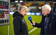 8 April 2025; Republic of Ireland head coach Carla Ward speaks to RTÉ's Tony O'Donoghue after the UEFA Women's Nations League B match between Republic of Ireland and Greece at Tallaght Stadium in Dublin. Photo by Stephen McCarthy/Sportsfile