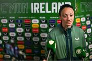 8 April 2025; Megan Campbell of Republic of Ireland speaks to media after the UEFA Women's Nations League B match between Republic of Ireland and Greece at Tallaght Stadium in Dublin. Photo by Stephen McCarthy/Sportsfile