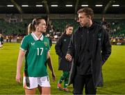8 April 2025; Saoirse Noonan of Republic of Ireland and performance analyst Jackson Huxley after the UEFA Women's Nations League B match between Republic of Ireland and Greece at Tallaght Stadium in Dublin. Photo by Stephen McCarthy/Sportsfile
