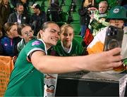 8 April 2025; Saoirse Noonan of Republic of Ireland with supporters after the UEFA Women's Nations League B match between Republic of Ireland and Greece at Tallaght Stadium in Dublin. Photo by Stephen McCarthy/Sportsfile