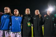8 April 2025; Republic of Ireland players, from left, Aoibheann Clancy, Chloe Mustaki, Kyra Carusa, Heather Payne and goalkeeper Sophie Whitehouse after the UEFA Women's Nations League B match between Republic of Ireland and Greece at Tallaght Stadium in Dublin. Photo by Stephen McCarthy/Sportsfile