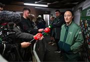 8 April 2025; Megan Campbell of Republic of Ireland speaks to media after the UEFA Women's Nations League B match between Republic of Ireland and Greece at Tallaght Stadium in Dublin. Photo by Stephen McCarthy/Sportsfile