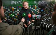 8 April 2025; Amber Barrett of Republic of Ireland speaks to media after the UEFA Women's Nations League B match between Republic of Ireland and Greece at Tallaght Stadium in Dublin. Photo by Stephen McCarthy/Sportsfile