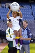 14 September 2004; Model Katy French with Dublin footballer Darren Magee, right, and Fermanagh footballer Liam McBarron at the launch of the O'Neills Kilmacud Crokes All-Ireland Football Sevens 2004 in Croke Park, Dublin. Picture credit; David Maher / SPORTSFILE