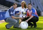 14 September 2004; Model Katy French with Dublin footballers Darren Magee, left and his brother Jonathan Magee at the launch of the O'Neills Kilmacud Crokes All-Ireland Football Sevens 2004 in Croke Park, Dublin. Picture credit; David Maher / SPORTSFILE