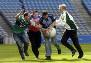 14 September 2004; Players from left to right, Brendan O'Hanniadh, Wicklow, Jonathan Magee, Dublin, Darren Magee, Dublin and Liam McBarron, Fermanagh, at the launch of the O'Neills Kilmacud Crokes All-Ireland Football Sevens 2004 in Croke Park, Dublin. Picture credit; David Maher / SPORTSFILE
