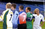 14 September 2004; Model Katy French with players from left to right, Liam McBarron, Fermanagh, Darren Magee, Dublin, Jonathan Magee, Dublin and Brendan O'Hanniadh, Wicklow, at the launch of the O'Neills Kilmacud Crokes All-Ireland Football Sevens 2004 in Croke Park, Dublin. Picture credit; David Maher / SPORTSFILE