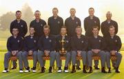 15 September 2004; Team Europe 2004, 35th Ryder Cup Team. Back row from left, Paul Casey, Miguel Angel Jimenez, Ian Poulter, Padraig Harrington, David Howell and Thomas Levet. Front row from left, Paul McGinley, Sergio Garcia, Darren Clarke, Bernhard Langer, captain, Colin Montgomerie, Lee Westwood and Luke Donald. Oakland Hills Country Club, Bloomfield Township, Michigan, USA. Picture credit; Matt Browne / SPORTSFILE