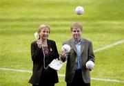 15 September 2004; Geraldine Giles, President of the Ladies Gaelic Football Association, and Leo Lundy, Gaelic Telecom, at the launch of the extension of the Gaelic Telecom telephone service to all members and supporters of the Association at a photocall in Croke Park, Dublin. Picture credit; Brendan Moran / SPORTSFILE