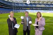 15 September 2004; Geraldine Giles, left, President of the Ladies Gaelic Football Association, Leo Lundy, Gaelic Telecom, and Helen O'Rourke, Chief Executive, Ladies Gaelic Football Association, at the launch of the extension of the Gaelic Telecom telephone service to all members and supporters of the Association at a photocall in Croke Park, Dublin. Picture credit; Brendan Moran / SPORTSFILE