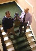 16 September 2004; Seamus Power, Tipperary Under 21 manager, left, and Kilkenny U21 manager Martin Fogarty hold the Cross of Cashel trophy ahead of the Erin U21 All-Ireland Hurling Final which will take place in Nowlan Park, Co. Kilkenny, on Saturday next. Merrion Hotel, Dublin. Picture credit; Pat Murphy / SPORTSFILE