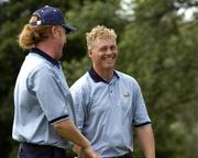 16 September 2004; Darren Clarke, Team Europe 2004, pictured with his playing partner for the day Miguel Angel Jimenez on the 5th green during a practice round in advance of the 35th Ryder Cup Matches. Oakland Hills Country Club, Bloomfield Township, Michigan, USA. Picture credit; Matt Browne / SPORTSFILE