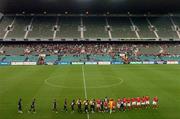 16 September 2004; The Shelbourne team shakehands with the Lille team before the start of the game in front of a small crowd attendance. UEFA cup, First Round, First Leg, Shelbourne v Lille, Lansdowne Road, Dublin. Picture credit; David Maher / SPORTSFILE