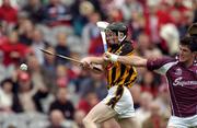 12 September 2004; Gavin Nolan, Kilkenny, in action against Andrew Karey, Galway. All-Ireland Minor Hurling Championship Final, Galway v Kilkenny, Croke Park, Dublin. Picture credit; Brendan Moran / SPORTSFILE *** Local Caption *** Any photograph taken by SPORTSFILE during, or in connection with, the 2004 Guinness All-Ireland Hurling Final which displays GAA logos or contains an image or part of an image of any GAA intellectual property, or, which contains images of a GAA player/players in their playing uniforms, may only be used for editorial and non-advertising purposes.  Use of photographs for advertising, as posters or for purchase separately is strictly prohibited unless prior written approval has been obtained from the Gaelic Athletic Association.