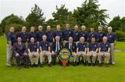 16th September 2004; The Letterkenny Golf Club team, back row, left to right, Richard Eaton, Oliver Ward, John P O'Doherty, Hugh Doherty, Joe Brown, Lester Speer, Tony Curley, Pat Coleman, Frank McMonagle, John Russell, Cathal Roarty and Charlie McHugh. Front row, left to right, Stephen Kent, Bulmers Marketing Manager, Charlie McLoughlin, Pat McMonagle, Mick Garry, club president, Joe Foley, club captain, Brian O'Donnell team captain, Danny McLaughlin and Barry Ramsay who played Tralee Golf Club in the semi-finals of the Bulmers Pierce Purcell Shield. Shannon Golf Club, Shannon, Co. Clare. Picture credit; Ray McManus / SPORTSFILE