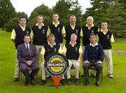 16 September 2004; The Bandon Golf Club team, back row, left right, Adrian O'Donovan, Billy O'Boyle, Patrick McCarthy, Jim O'Riordan, Finbar McCarthy and Brian O'Donovan. Front row, left to right, Stephen Kent, Bulmers Marketing Manager, Tony Healy, team captain, Bernard O'Driscoll, Club Captain, and  Mike Halpin, Club President, who played Lucan Golf Club in the semi-finals of the Bulmers Junior Cup. Shannon Golf Club, Shannon, Co. Clare. Picture credit; Ray McManus / SPORTSFILE