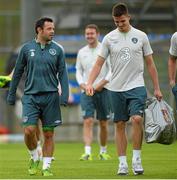 7 October 2013; Republic of Ireland's Andy Reid, left, and Ciaran Clark during squad training ahead of their 2014 FIFA World Cup Qualifier, Group C, game against Germany on Friday. Republic of Ireland Squad Training, Gannon Park, Malahide, Co. Dublin. Picture credit: David Maher / SPORTSFILE