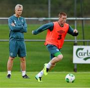 7 October 2013; Ruud Dokter, High Performance Director, Republic of Ireland, watches James McCarthy in action during squad training ahead of their 2014 FIFA World Cup Qualifier, Group C, game against Germany on Friday. Republic of Ireland Squad Training, Gannon Park, Malahide, Co. Dublin. Picture credit: David Maher / SPORTSFILE