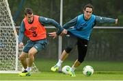 7 October 2013; Joey O'Brien, right, and Seamus Coleman, Republic of Ireland, during squad training ahead of their 2014 FIFA World Cup Qualifier, Group C, game against Germany on Friday. Republic of Ireland Squad Training, Gannon Park, Malahide, Co. Dublin. Picture credit: David Maher / SPORTSFILE