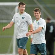 8 October 2013; Wes Hoolahan, right, and Sean St Ledger, Republic of Ireland, during squad training ahead of their 2014 FIFA World Cup Qualifier, Group C, game against Germany on Friday. Republic of Ireland Squad Training, Gannon Park, Malahide, Co. Dublin. Picture credit: David Maher / SPORTSFILE
