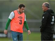 8 October 2013; Republic of Ireland interim manager Noel King and Andy Reid during squad training ahead of their 2014 FIFA World Cup Qualifier, Group C, game against Germany on Friday. Republic of Ireland Squad Training, Gannon Park, Malahide, Co. Dublin. Picture credit: David Maher / SPORTSFILE