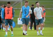 8 October 2013; Dundalk FC players John Sullivan, centre, and Richie Towell, right, alongside Republic of Ireland captain Robbie Keane during squad training ahead of their 2014 FIFA World Cup Qualifier, Group C, game against Germany on Friday. Republic of Ireland Squad Training, Gannon Park, Malahide, Co. Dublin. Picture credit: David Maher / SPORTSFILE