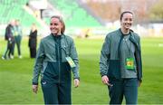 8 April 2025; Jessie Stapleton, left, and Anna Patten of Republic of Ireland before the UEFA Women's Nations League B match between Republic of Ireland and Greece at Tallaght Stadium in Dublin. Photo by Stephen McCarthy/Sportsfile