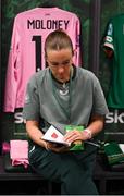 8 April 2025; Republic of Ireland goalkeeper Grace Moloney in their dressing room before the UEFA Women's Nations League B match between Republic of Ireland and Greece at Tallaght Stadium in Dublin. Photo by Stephen McCarthy/Sportsfile