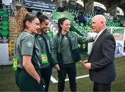 8 April 2025; Paul Martyn with Republic of Ireland players, from left, Leanne Kiernan, Alex Kavanagh and Megan Campbell before the UEFA Women's Nations League B match between Republic of Ireland and Greece at Tallaght Stadium in Dublin. Photo by Stephen McCarthy/Sportsfile