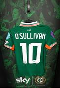 8 April 2025; The jersey of Denise O’Sullivan hangs in the Republic of Ireland dressing room before the UEFA Women's Nations League B match between Republic of Ireland and Greece at Tallaght Stadium in Dublin. Photo by Stephen McCarthy/Sportsfile