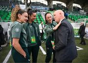 8 April 2025; Paul Martyn with Republic of Ireland players, from left, Leanne Kiernan, Alex Kavanagh and Megan Campbell before the UEFA Women's Nations League B match between Republic of Ireland and Greece at Tallaght Stadium in Dublin. Photo by Stephen McCarthy/Sportsfile