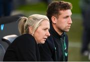 8 April 2025; Republic of Ireland head coach Carla Ward and performance analyst Jackson Huxley before the UEFA Women's Nations League B match between Republic of Ireland and Greece at Tallaght Stadium in Dublin. Photo by Stephen McCarthy/Sportsfile