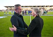 8 April 2025; Greece manager Alexandros Katikaridis and Republic of Ireland head coach Carla Ward before the UEFA Women's Nations League B match between Republic of Ireland and Greece at Tallaght Stadium in Dublin. Photo by Stephen McCarthy/Sportsfile