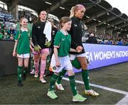 8 April 2025; Republic of Ireland captain Denise O’Sullivan leads her side out before the UEFA Women's Nations League B match between Republic of Ireland and Greece at Tallaght Stadium in Dublin. Photo by Stephen McCarthy/Sportsfile