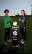9 April 2025; Victor Ozhianvuna of Shamrock Rovers and Aoife Kelly of Wexford FC during an EA SPORTS LOI Academy media event at FAI Headquarters in Abbotstown, Dublin. Photo by Piaras Ó Mídheach/Sportsfile