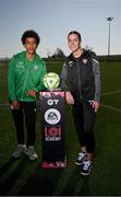 9 April 2025; Victor Ozhianvuna of Shamrock Rovers and Aoife Kelly of Wexford FC during an EA SPORTS LOI Academy media event at FAI Headquarters in Abbotstown, Dublin. Photo by Piaras Ó Mídheach/Sportsfile