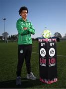 9 April 2025; Victor Ozhianvuna of Shamrock Rovers and Aoife Kelly of Wexford FC during an EA SPORTS LOI Academy media event at FAI Headquarters in Abbotstown, Dublin. Photo by Piaras Ó Mídheach/Sportsfile