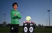 9 April 2025; Victor Ozhianvuna of Shamrock Rovers and Aoife Kelly of Wexford FC during an EA SPORTS LOI Academy media event at FAI Headquarters in Abbotstown, Dublin. Photo by Piaras Ó Mídheach/Sportsfile