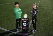 9 April 2025; Victor Ozhianvuna of Shamrock Rovers and Aoife Kelly of Wexford FC during an EA SPORTS LOI Academy media event at FAI Headquarters in Abbotstown, Dublin. Photo by Piaras Ó Mídheach/Sportsfile