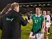 8 April 2025; Republic of Ireland assistant head coach Alan Mahon and Saoirse Noonan after the UEFA Women's Nations League B match between Republic of Ireland and Greece at Tallaght Stadium in Dublin. Photo by Stephen McCarthy/Sportsfile