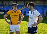 6 April 2025; James Moran of Longford, left, and Malachy Stone of Wicklow after the Leinster GAA Football Senior Championship round one match between Longford and Wicklow at Glennon Brothers Pearse Park in Longford. Photo by Ray McManus/Sportsfile