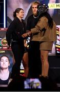 9 April 2025; Katie Taylor, left, and Amanda Serrano, with Jake Paul, during the kick-off press conference for Taylor v Serrano 3 at The Theater at Madison Square Garden in New York, USA. Photo by Tom Horak/Sportsfile
