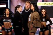 9 April 2025; Katie Taylor, second from left, and Amanda Serrano, with Jake Paul, during the kick-off press conference for Taylor v Serrano 3 at The Theater at Madison Square Garden in New York, USA. Photo by Tom Horak/Sportsfile